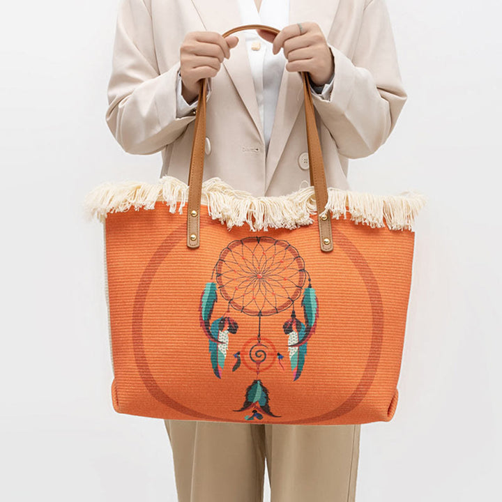 Buddha Stones Large Capacity Dreamcatcher Mandala Tassel Canvas Tote Shoulder Bag - Dreamcatcher 50*10*30cm - image 0