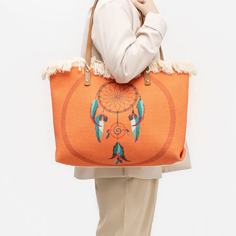 Buddha Stones Large Capacity Dreamcatcher Mandala Tassel Canvas Tote Shoulder Bag - image 6