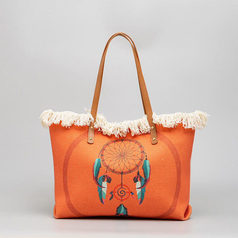 Buddha Stones Large Capacity Dreamcatcher Mandala Tassel Canvas Tote Shoulder Bag - image 1