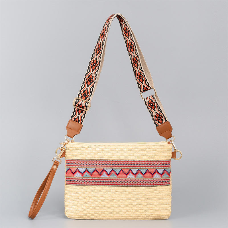 Buddha Stones Boho Colorful Geometry Straw Woven Crossbody Bag Shoulder Bag Handbag - Beige Colorful Geometry 28*2*20cm - image 8