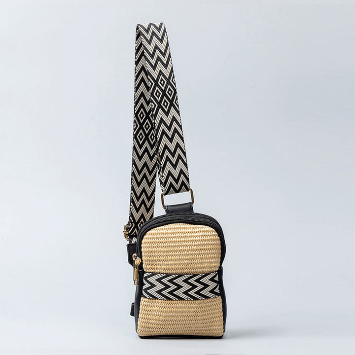 Buddha Stones Small Geometry Straw Woven Crossbody Bag Shoulder Bag - Black 12*4*18cm - image 10