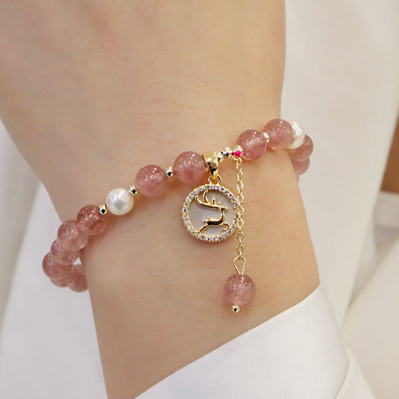 Buddha Stones Strawberry Quartz Pearl Elk Smiley Face Fishtail Fu Character Charm Healing Bracelet - Strawberry Quartz&Elk(Wrist Circumference 14-19cm) - image 0