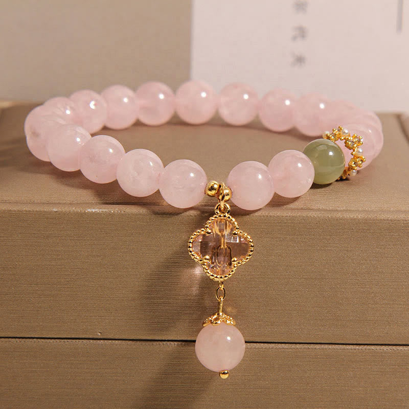 Buddha Stones Natural Pink Crystal Four Leaf Clover Soothing Bracelet - Pink Crystal(Wrist Circumference: 14-17cm) - image 0
