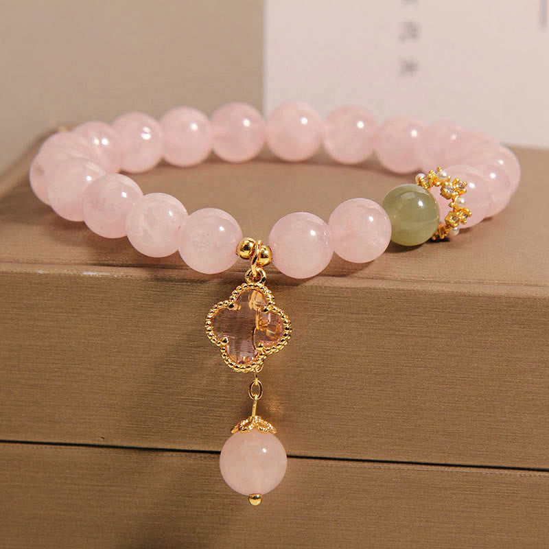 Buddha Stones Natural Pink Crystal Four Leaf Clover Soothing Bracelet - image 1