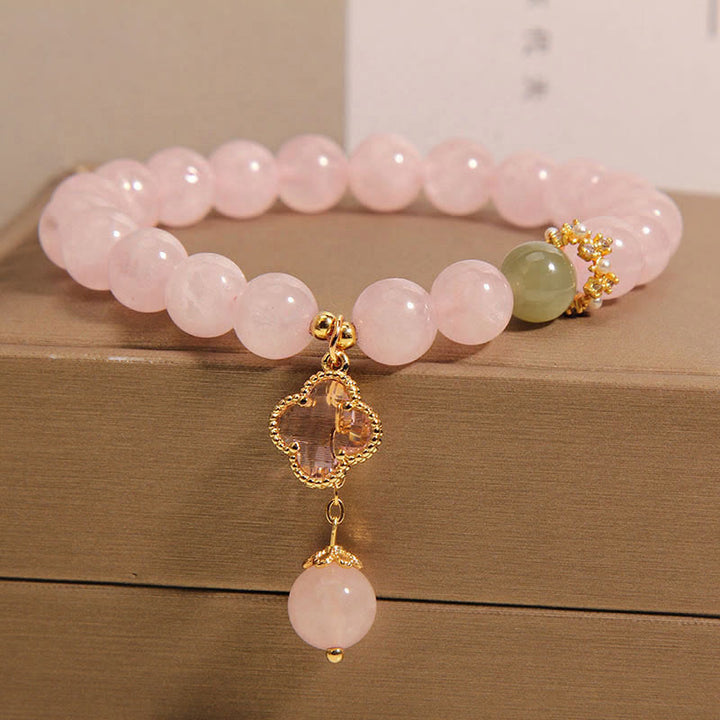 Buddha Stones Natural Pink Crystal Four Leaf Clover Soothing Bracelet - image 1