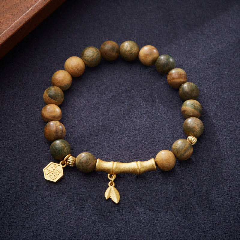 Buddha Stones Green Sandalwood Fu Character Bamboo Soothing Bracelet - Green Sandalwood(Wrist Circumference: 14-16cm) - image 0