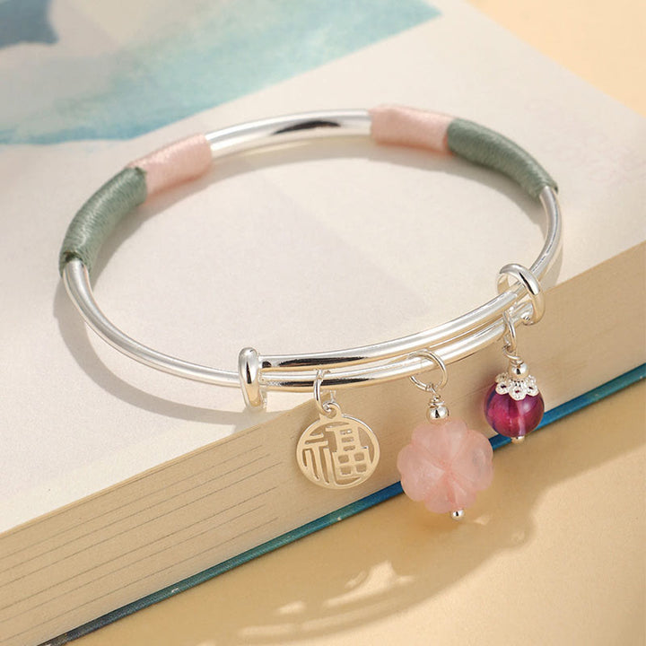Buddha Stones Pink Crystal Peace Buckle Lucky Flower Love Bracelet Bangle - Pink Crystal Flower(Inner Diameter: 56-60mm) - image 11