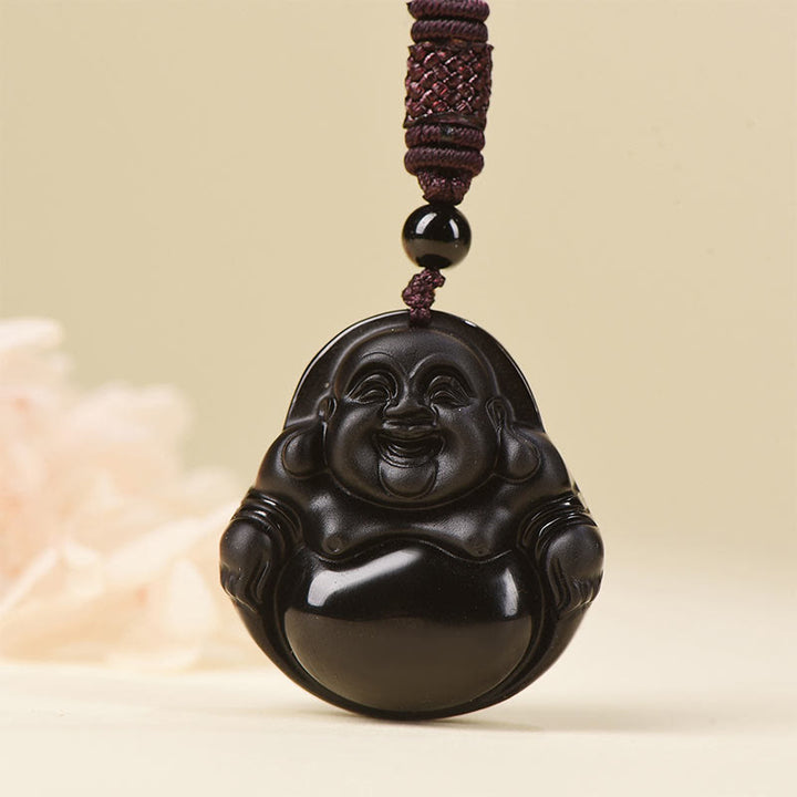 Buddha Stones Natural Black Obsidian Ice Obsidian Laughing Buddha Purification Necklace Pendant - image 8