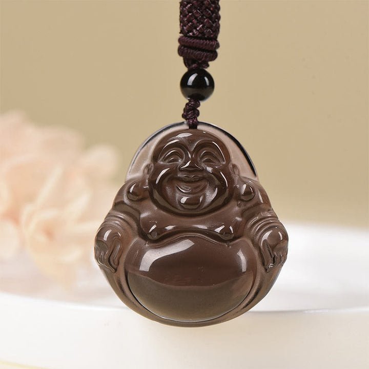 Buddha Stones Natural Black Obsidian Ice Obsidian Laughing Buddha Purification Necklace Pendant - Ice Obsidian - Standard Rope - image 0