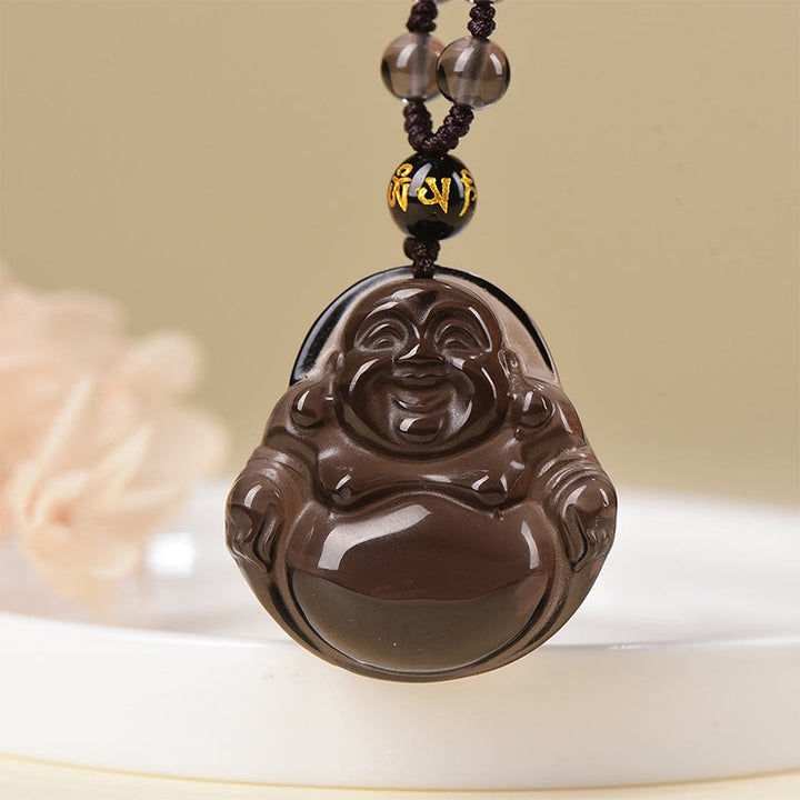 Buddha Stones Natural Black Obsidian Ice Obsidian Laughing Buddha Purification Necklace Pendant - image 3