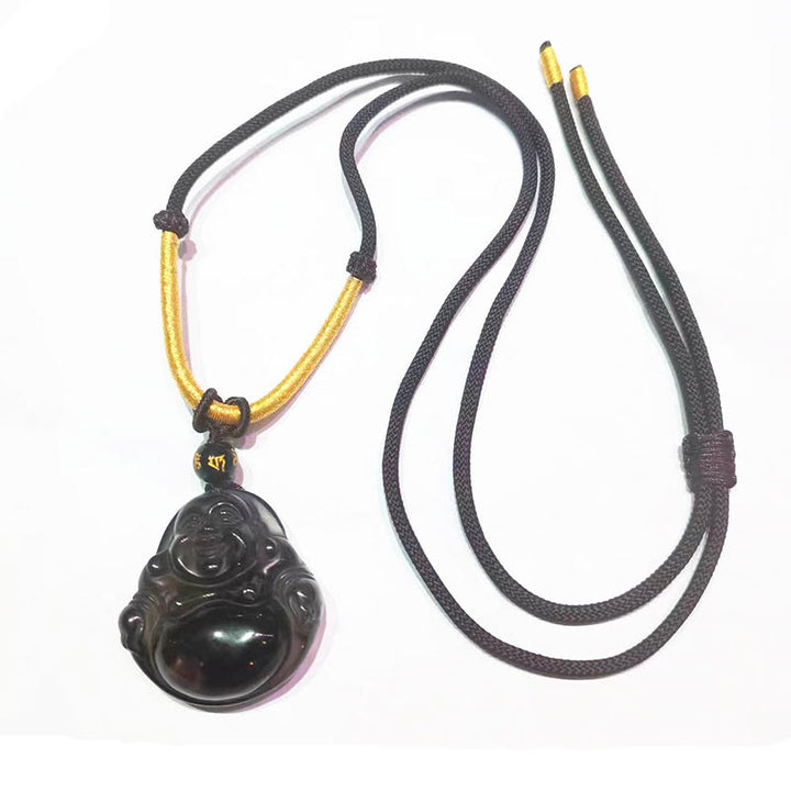 Buddha Stones Natural Black Obsidian Ice Obsidian Laughing Buddha Purification Necklace Pendant - Ice Obsidian - Brown Rope - image 7
