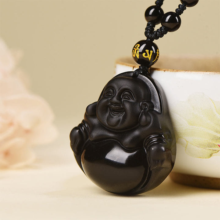 Buddha Stones Natural Black Obsidian Ice Obsidian Laughing Buddha Purification Necklace Pendant - image 13