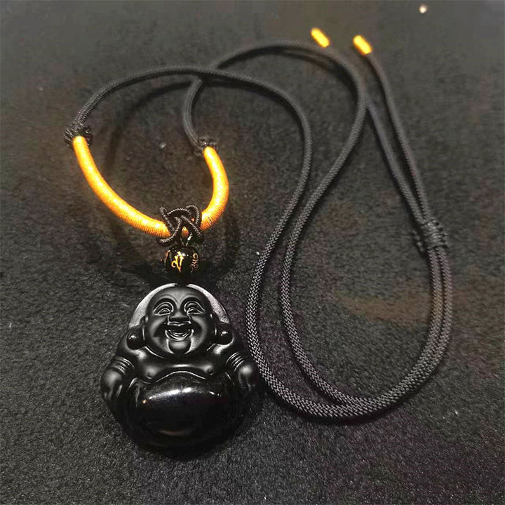Buddha Stones Natural Black Obsidian Ice Obsidian Laughing Buddha Purification Necklace Pendant - Black Obsidian - Black Rope - image 16