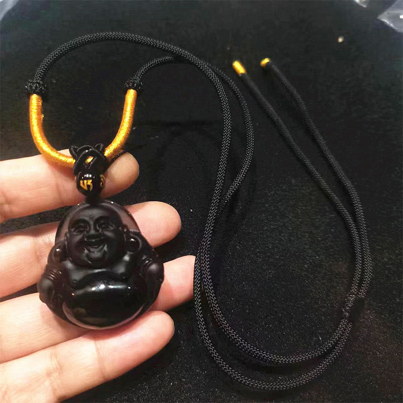 Buddha Stones Natural Black Obsidian Ice Obsidian Laughing Buddha Purification Necklace Pendant - Ice Obsidian - Black Rope - image 6