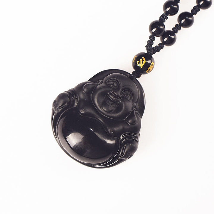Buddha Stones Natural Black Obsidian Ice Obsidian Laughing Buddha Purification Necklace Pendant - image 15