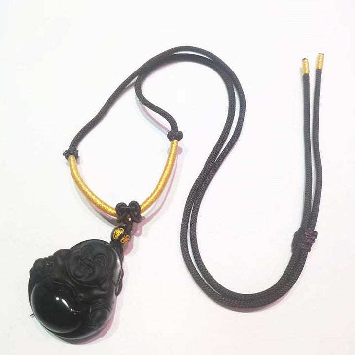 Buddha Stones Natural Black Obsidian Ice Obsidian Laughing Buddha Purification Necklace Pendant - Black Obsidian - Brown Rope - image 17