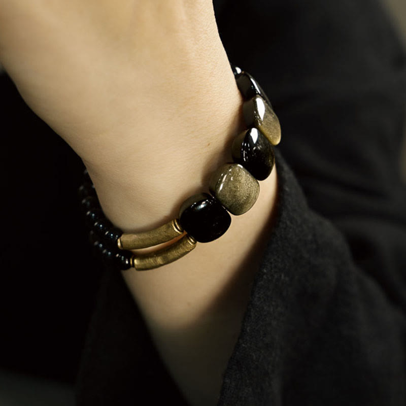 Buddha Stones Black Obsidian Gold Sheen Obsidian Strengthen Bracelet - image 5