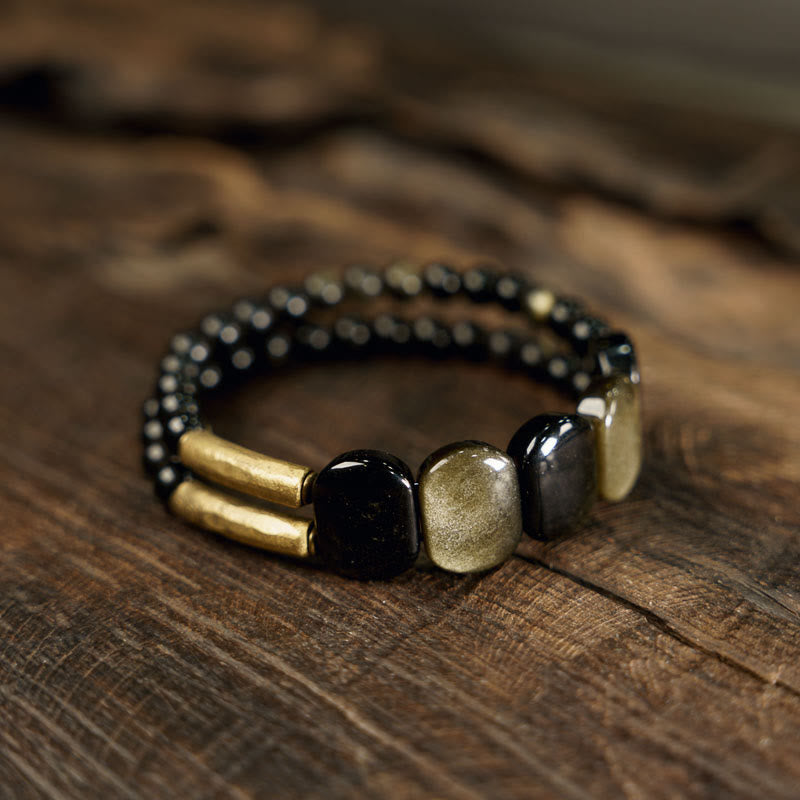 Buddha Stones Black Obsidian Gold Sheen Obsidian Strengthen Bracelet - Bracelet Type - 18cm fit for Wrist Circumference 17-17.5cm - image 0