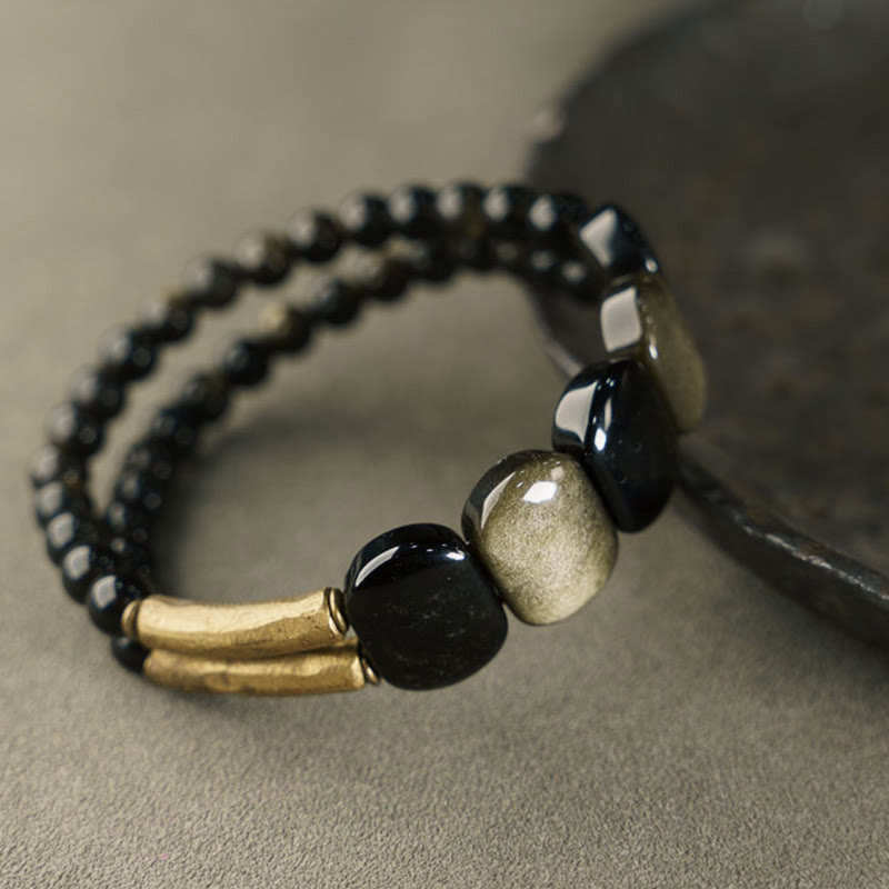 Buddha Stones Black Obsidian Gold Sheen Obsidian Strengthen Bracelet - image 1
