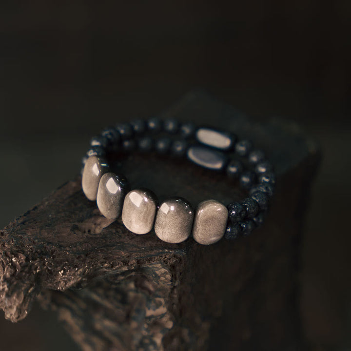 Buddha Stones Natural Silver Sheen Obsidian Lava Rock Communication Bracelet - 18cm fit for Wrist Circumference 17-17.5cm - image 0