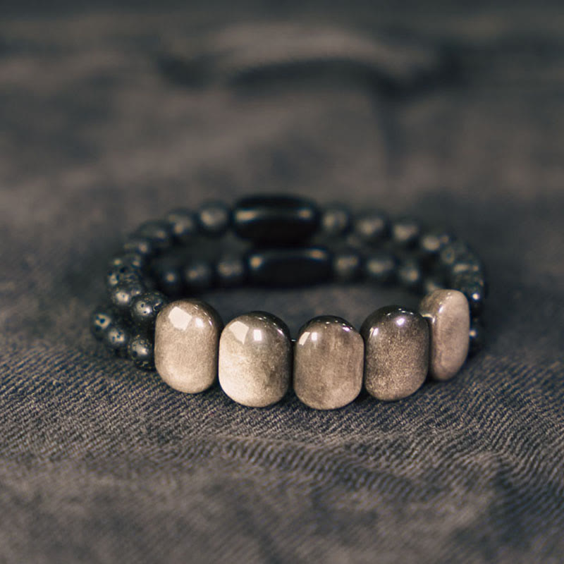Buddha Stones Natural Silver Sheen Obsidian Lava Rock Communication Bracelet - image 1