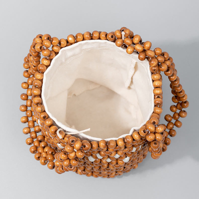 Buddha Stones Hand-woven Bucket Portable Wooden Beads Handbag - image 1