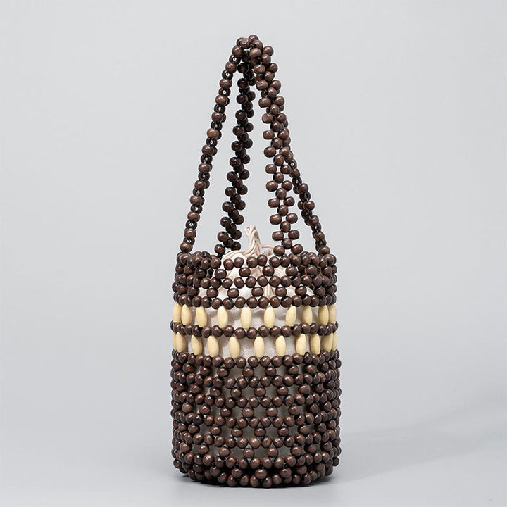 Buddha Stones Hand-woven Bucket Portable Wooden Beads Handbag - Dark brown 12*12*17cm - image 15