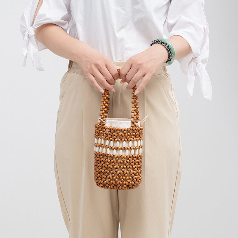 Buddha Stones Hand-woven Bucket Portable Wooden Beads Handbag - image 4