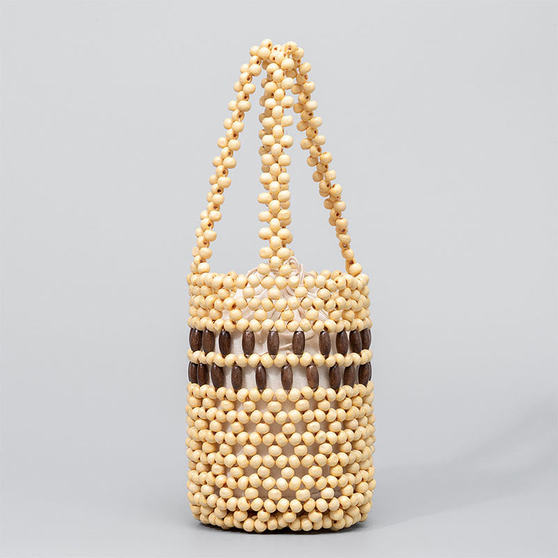 Buddha Stones Hand-woven Bucket Portable Wooden Beads Handbag - Beige 12*12*17cm - image 7