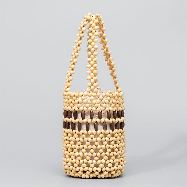 Buddha Stones Hand-woven Bucket Portable Wooden Beads Handbag - Beige 12*12*17cm - image 7