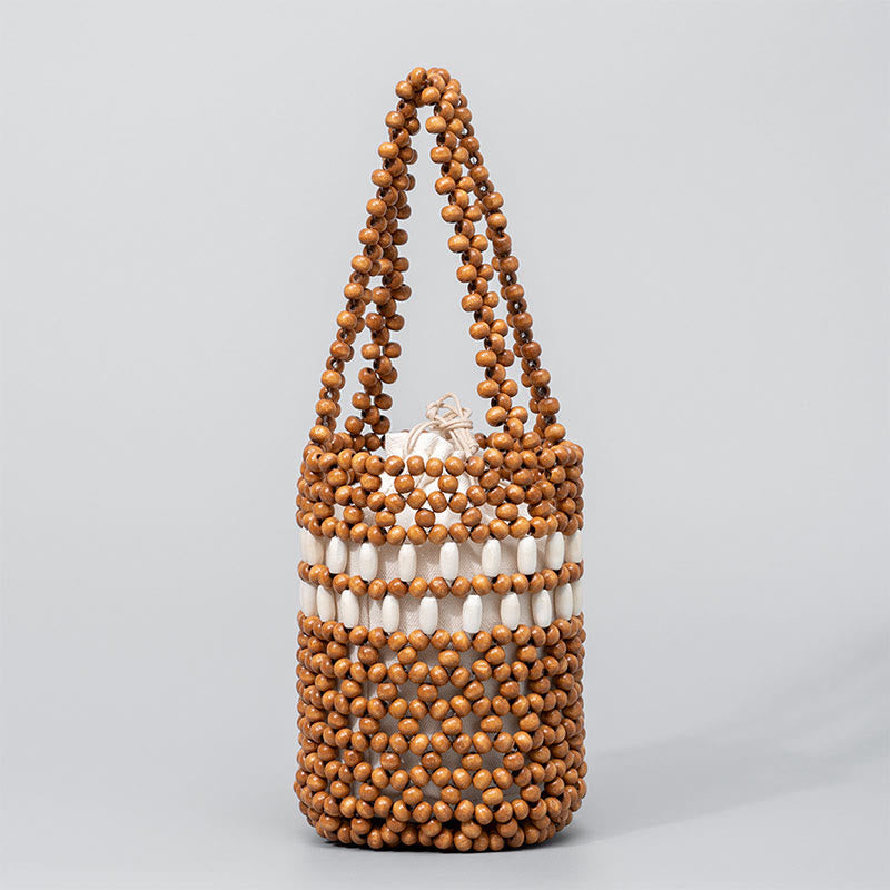 Buddha Stones Hand-woven Bucket Portable Wooden Beads Handbag - Light brown 12*12*17cm - image 0