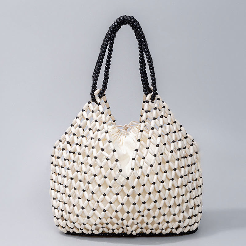 Buddha Stones Hand-woven Wooden Beads Shoulder Bag Handbags - White 27*12*29cm - image 2