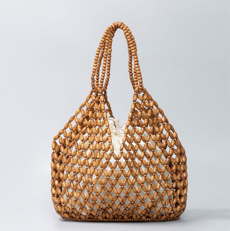 Buddha Stones Hand-woven Wooden Beads Shoulder Bag Handbags - Brown 27*12*29cm - image 0