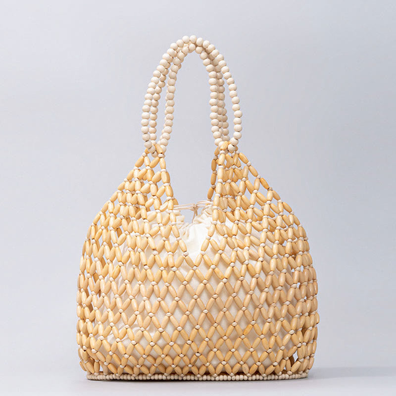 Buddha Stones Hand-woven Wooden Beads Shoulder Bag Handbags - Beige 27*12*29cm - image 1