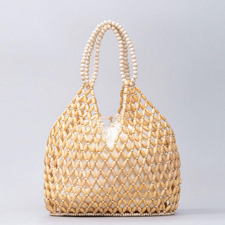 Buddha Stones Hand-woven Wooden Beads Shoulder Bag Handbags - Beige 27*12*29cm - image 1