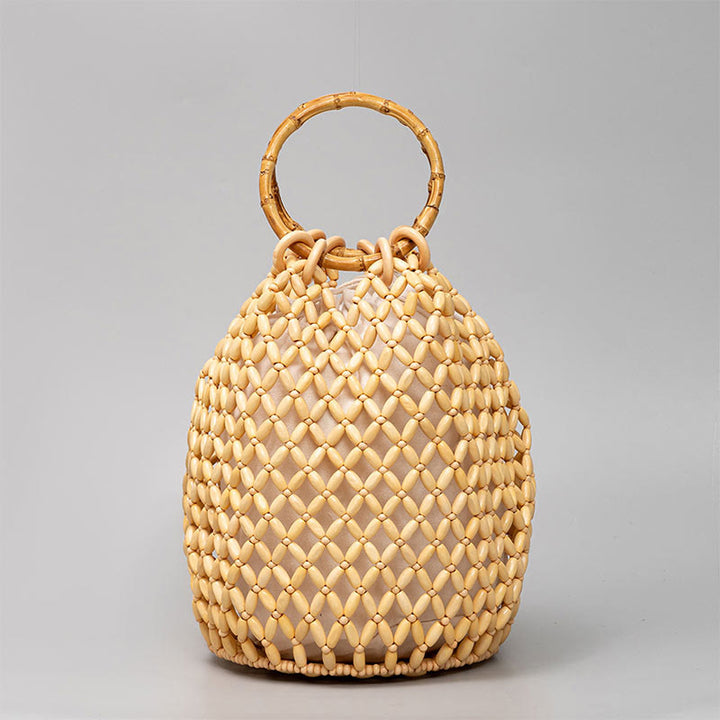 Buddha Stones Hand-woven Wooden Beads Bamboo Handle Shoulder Bag Handbag - Yellow 20*20*28.6cm - image 0