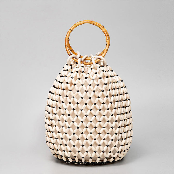 Buddha Stones Hand-woven Wooden Beads Bamboo Handle Shoulder Bag Handbag - Ivory 20*20*28.6cm - image 3