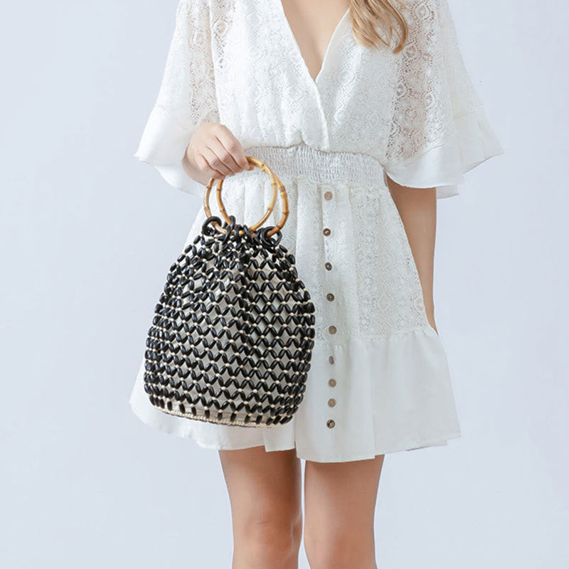 Buddha Stones Hand-woven Wooden Beads Bamboo Handle Shoulder Bag Handbag - image 8