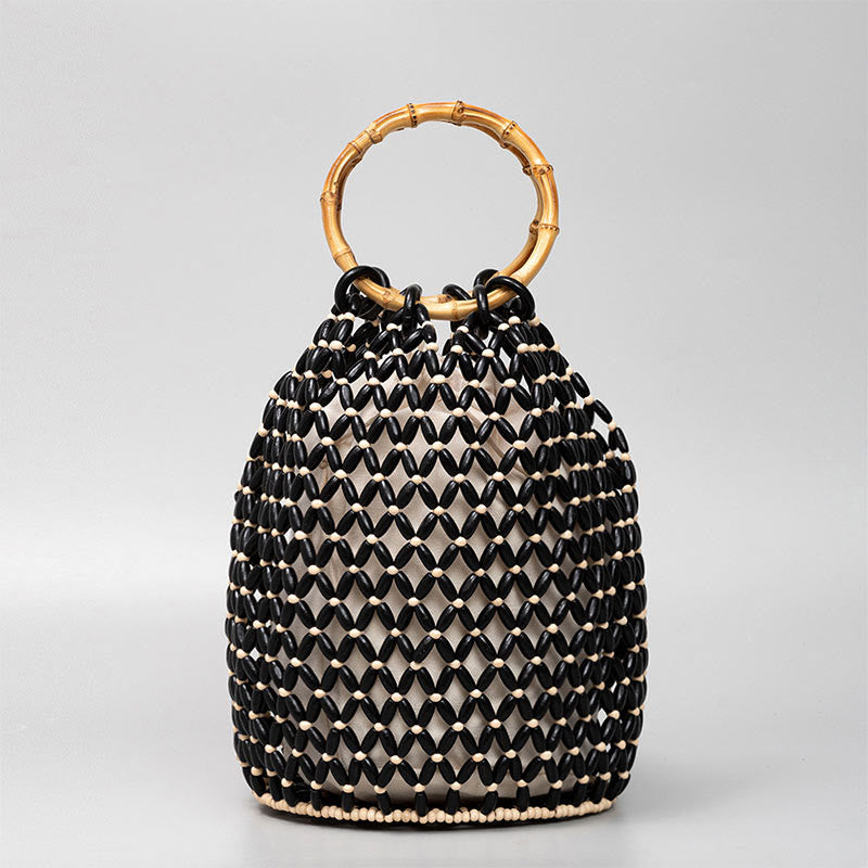 Buddha Stones Hand-woven Wooden Beads Bamboo Handle Shoulder Bag Handbag - Black 20*20*28.6cm - image 6