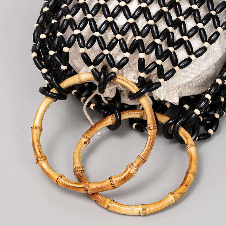 Buddha Stones Hand-woven Wooden Beads Bamboo Handle Shoulder Bag Handbag - image 7