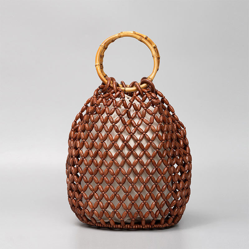 Buddha Stones Hand-woven Wooden Beads Bamboo Handle Shoulder Bag Handbag - Brown 20*20*28.6cm - image 9