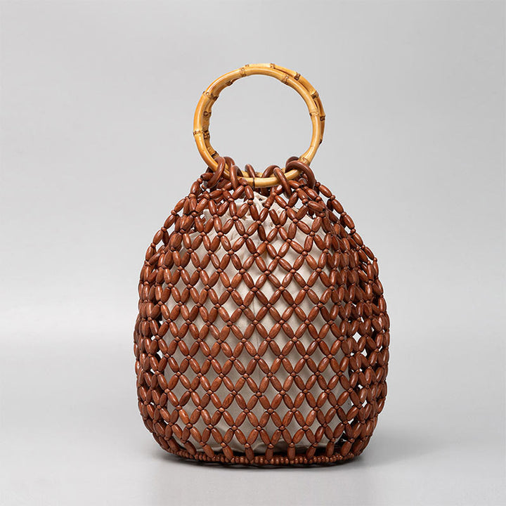 Buddha Stones Hand-woven Wooden Beads Bamboo Handle Shoulder Bag Handbag - Brown 20*20*28.6cm - image 9
