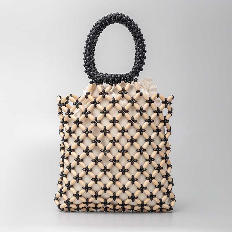 Buddha Stones Hand-woven Lozenge Wooden Beads Handbag - Cream Yellow 23*23*2.5cm - image 0