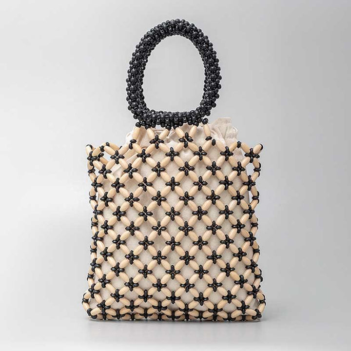 Buddha Stones Hand-woven Lozenge Wooden Beads Handbag - Cream Yellow 23*23*2.5cm - image 0