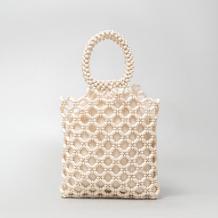 Buddha Stones Hand-woven Lozenge Wooden Beads Handbag - Beige 23*23*2.5cm - image 10