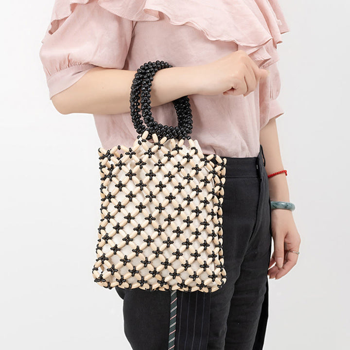 Buddha Stones Hand-woven Lozenge Wooden Beads Handbag - image 5