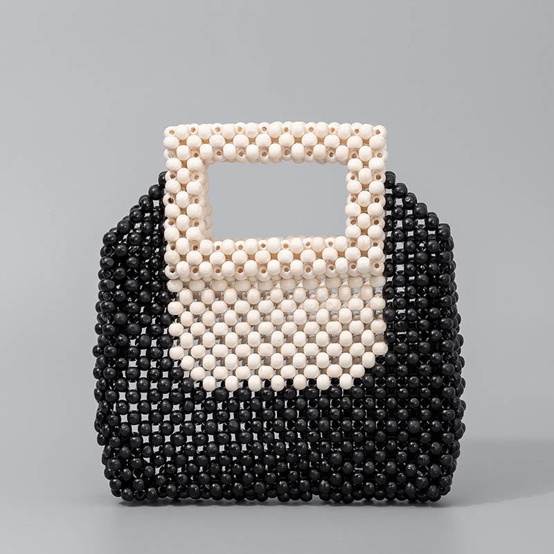 Buddha Stones Hand-woven Wooden Beads Square Tote Handbag - Black Cream 21*4.5*21cm - image 8