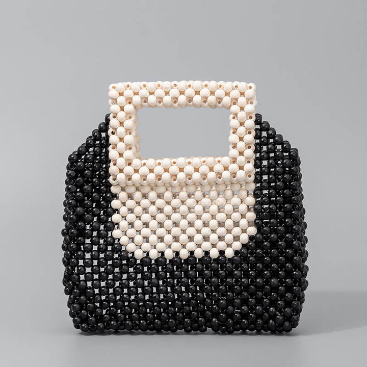 Buddha Stones Hand-woven Wooden Beads Square Tote Handbag - Black Cream 21*4.5*21cm - image 8