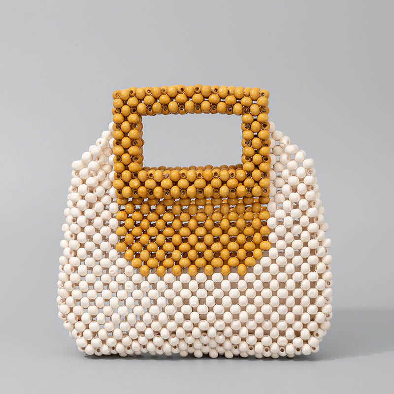 Buddha Stones Hand-woven Wooden Beads Square Tote Handbag - Cream Turmeric 21*4.5*21cm - image 0
