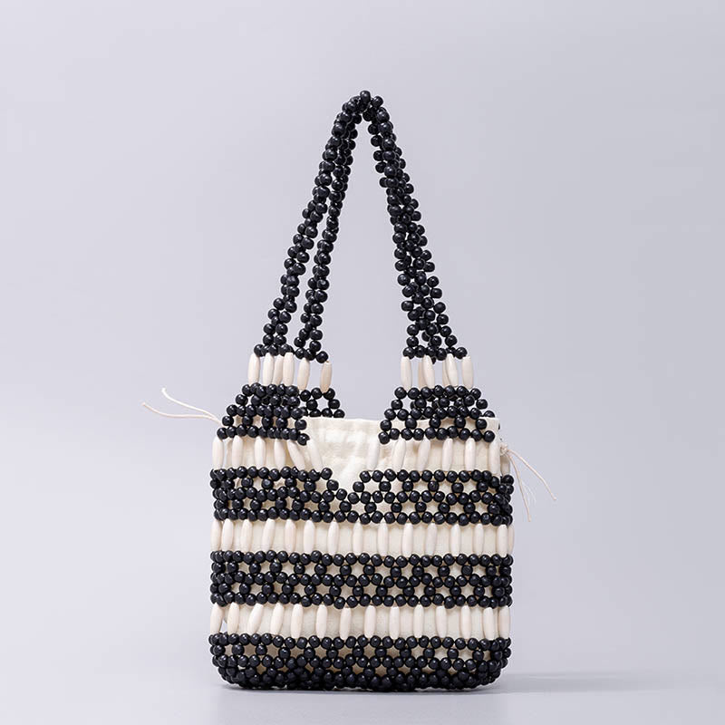 Buddha Stones Hand-woven Round Wooden Beads Shoulder Bag - Black 20*4*20cm - image 5
